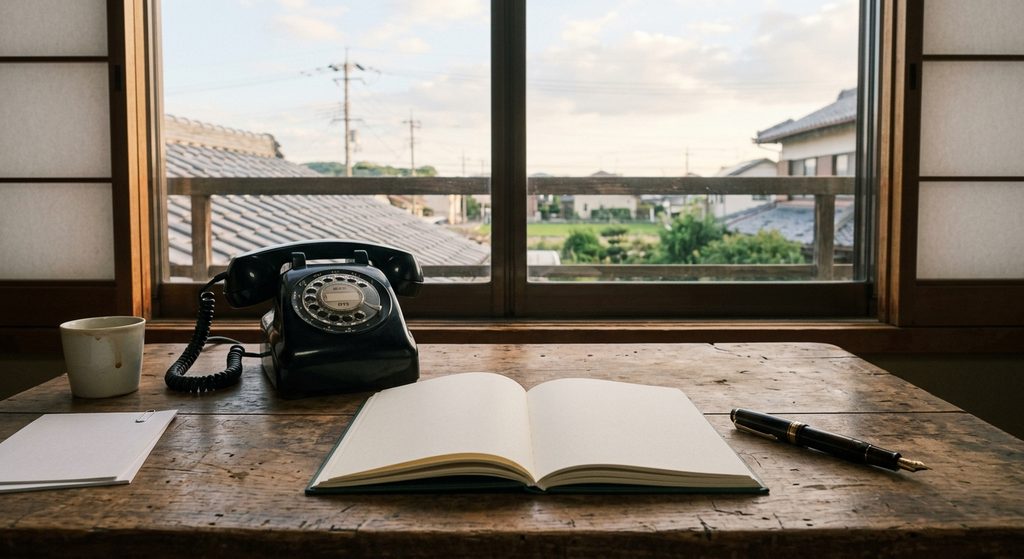 机の上の電話と手帳。慌てて何かを調べたり書いたりするイメージ
