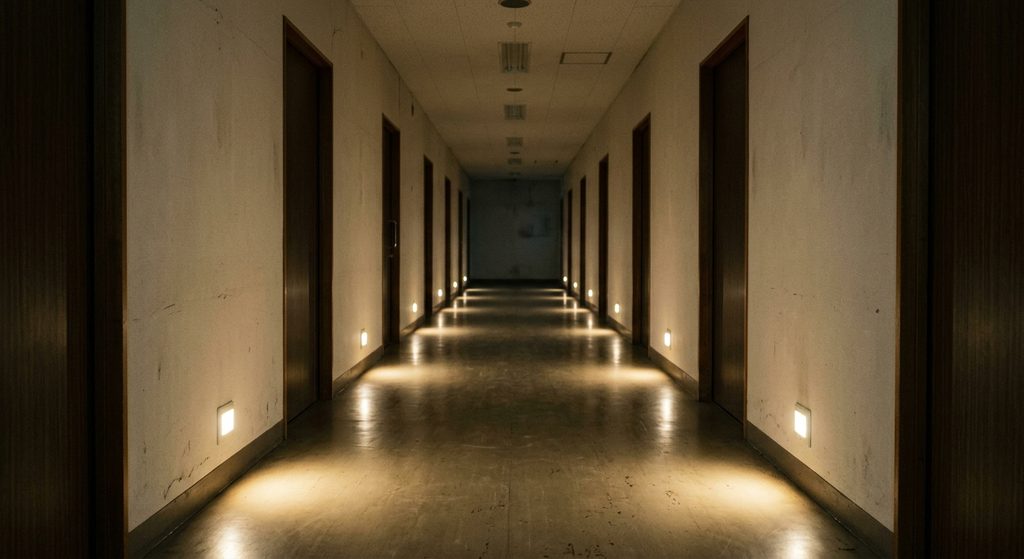 夜の病院の廊下に灯る、非常灯の柔らかい光