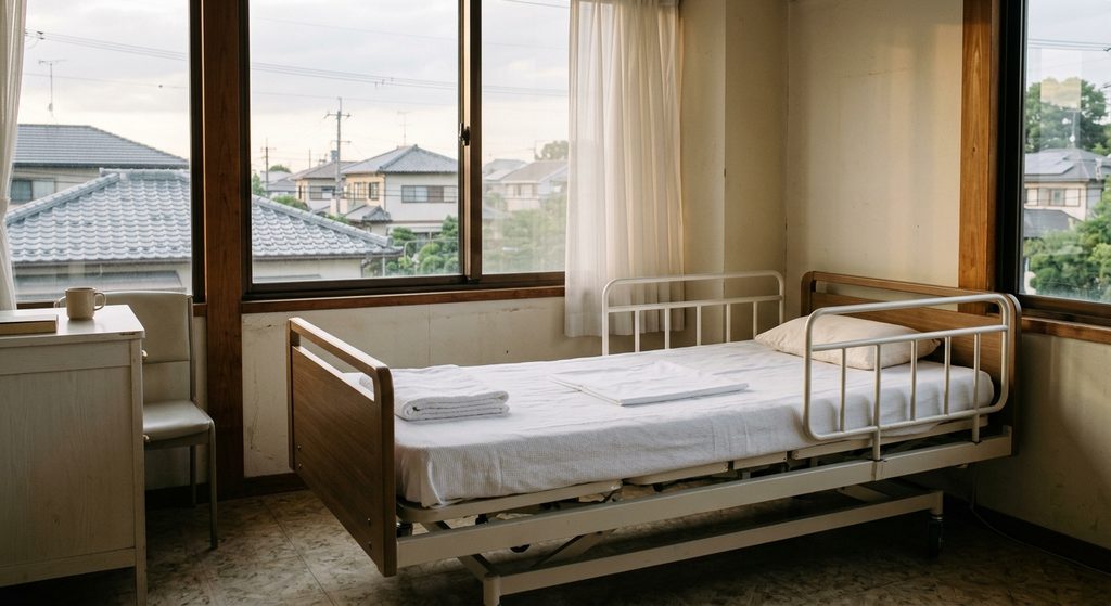 窓辺に置かれた、まだ使われていない介護ベッド