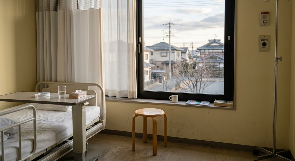 病室の窓際に置かれた、誰も座っていない丸椅子