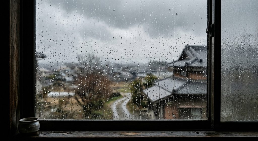窓ガラスに伝う雨粒と、ぼやけた曇り空